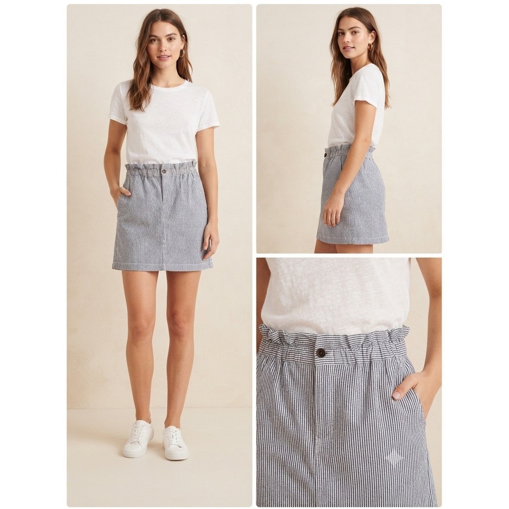 J.Crew‎ Skirt Women 4 Blue Striped Paperbag Waist Linen Blend Mini BR485 Summer